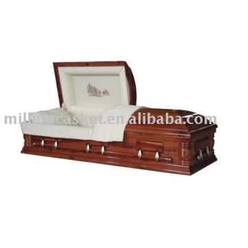 Cedar veneer casket with cedar design on lid interior